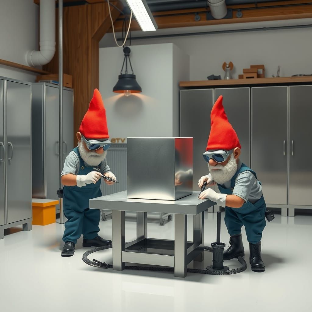 Gnomes Craft Precision Metal Cube in Bauhaus-Style Workshop