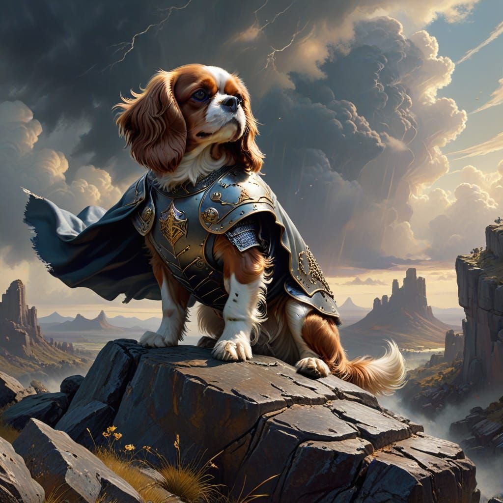 Regal Knight Spaniel Surveys Epic Fantasy Battlefield