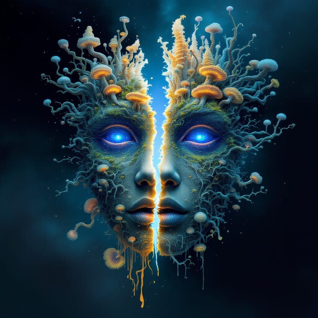 Fractured Mask in Bioluminescent Fungal Landscape