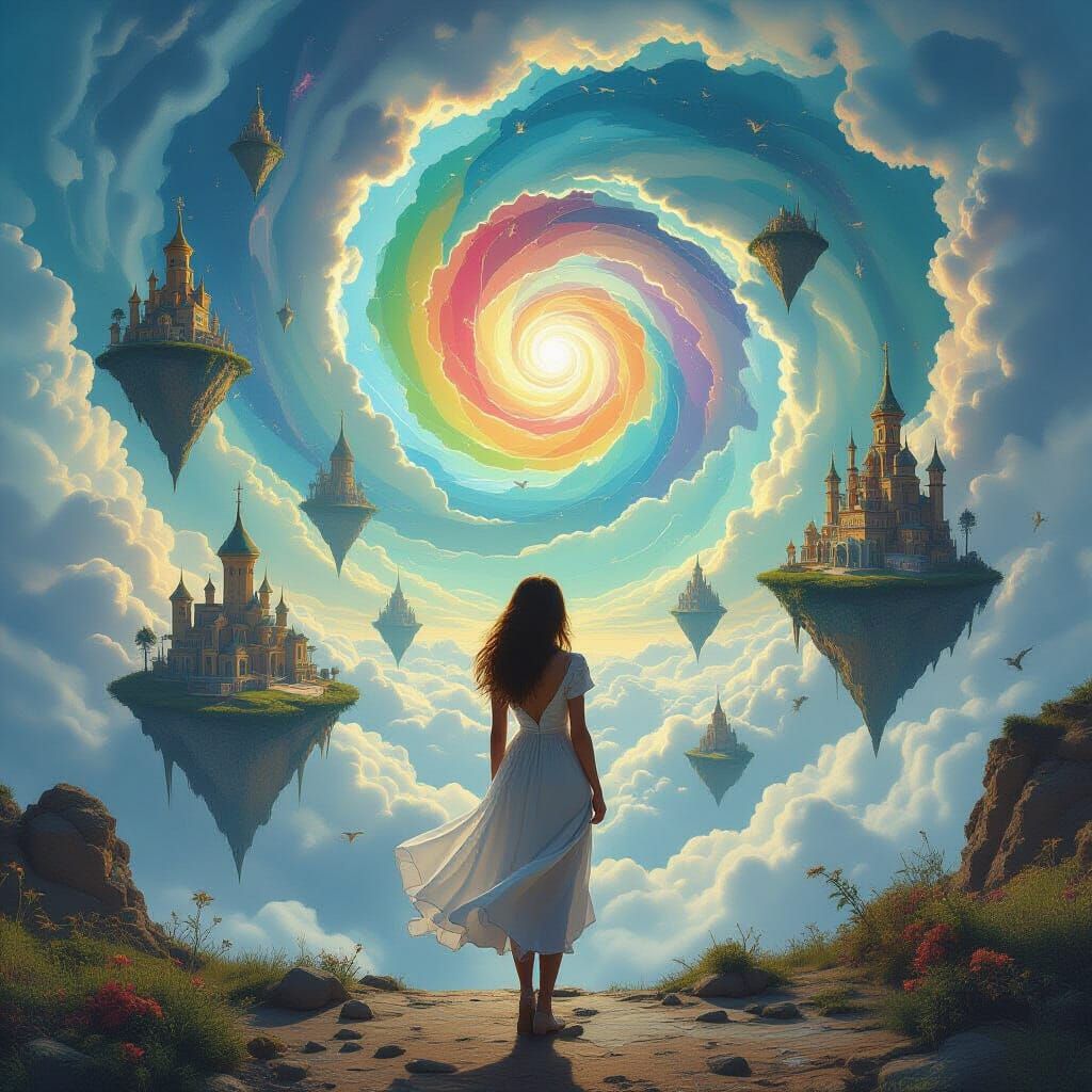 Surreal Dreamscape: Woman Amidst Floating Islands