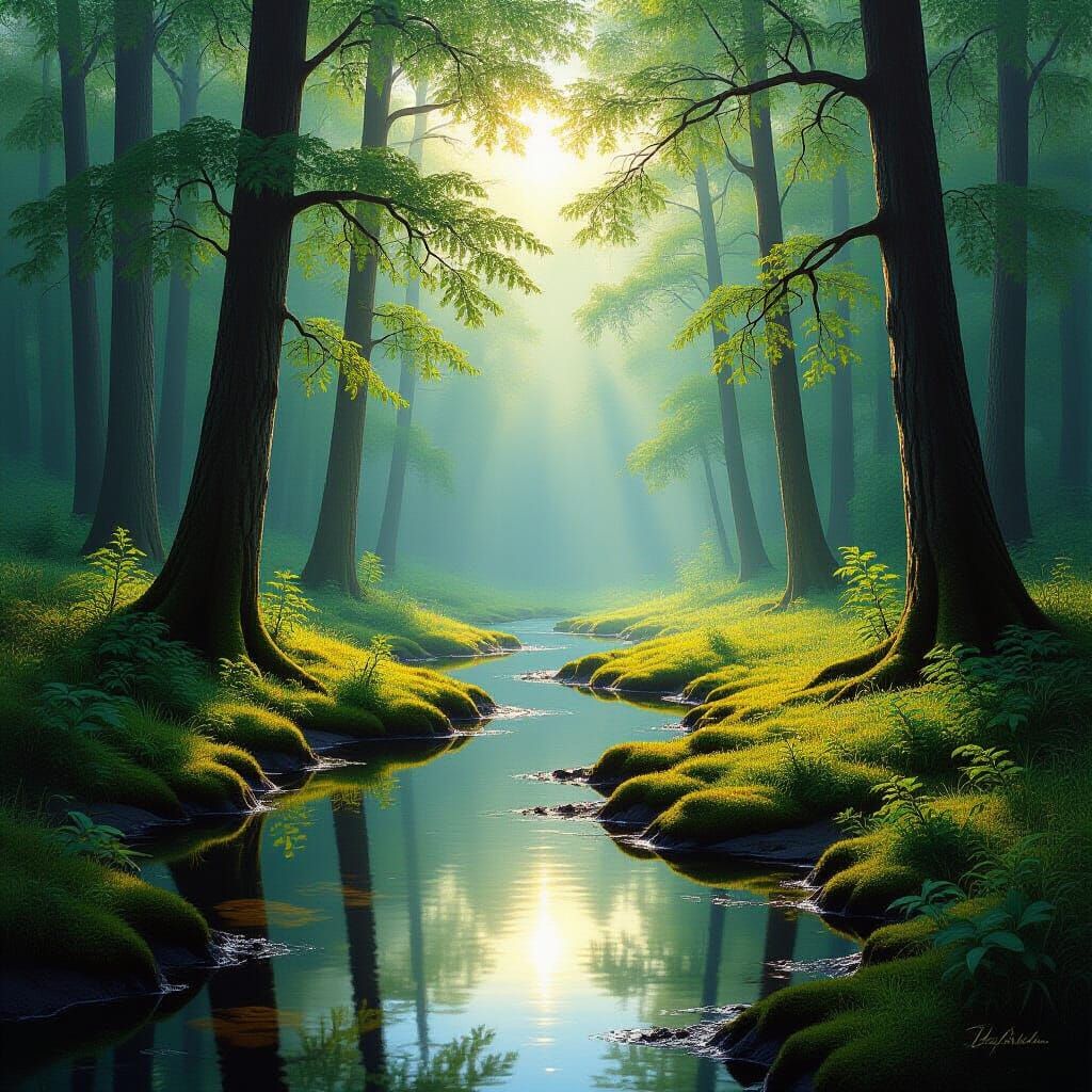 Serene Forest Clearing After Rain, Sunlight Through Mist