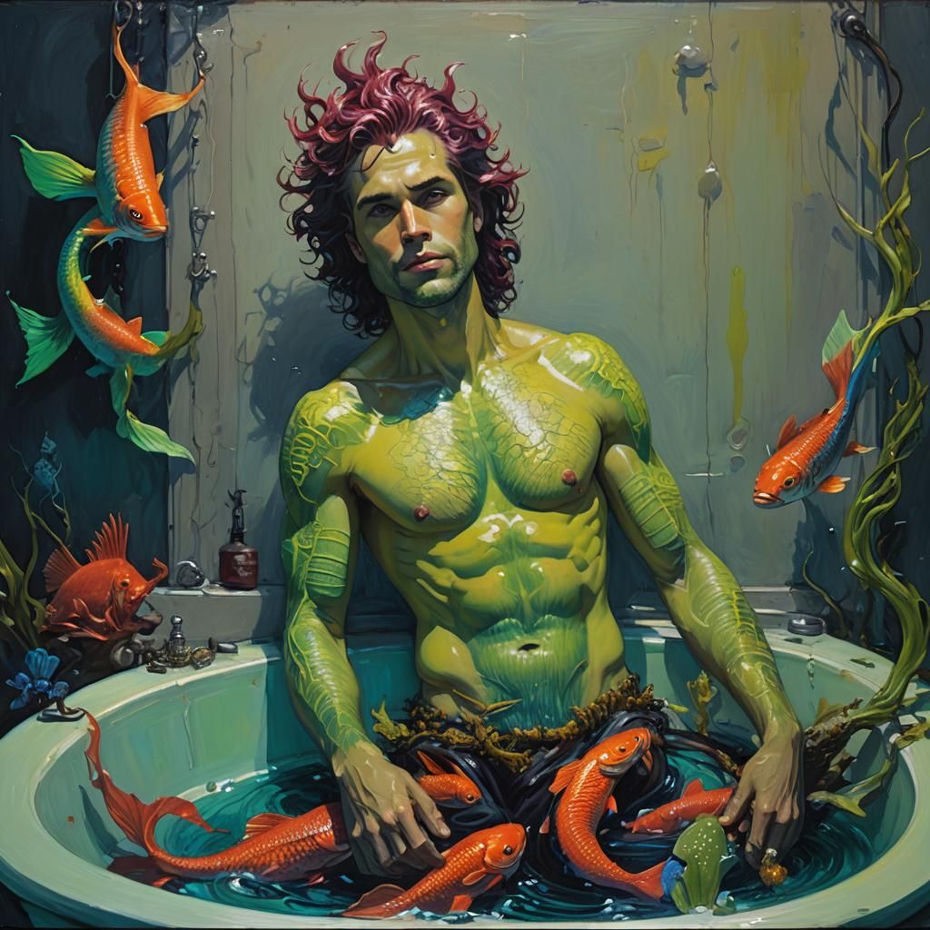 Neon Merman in Claw Tub: Oil Painting Style