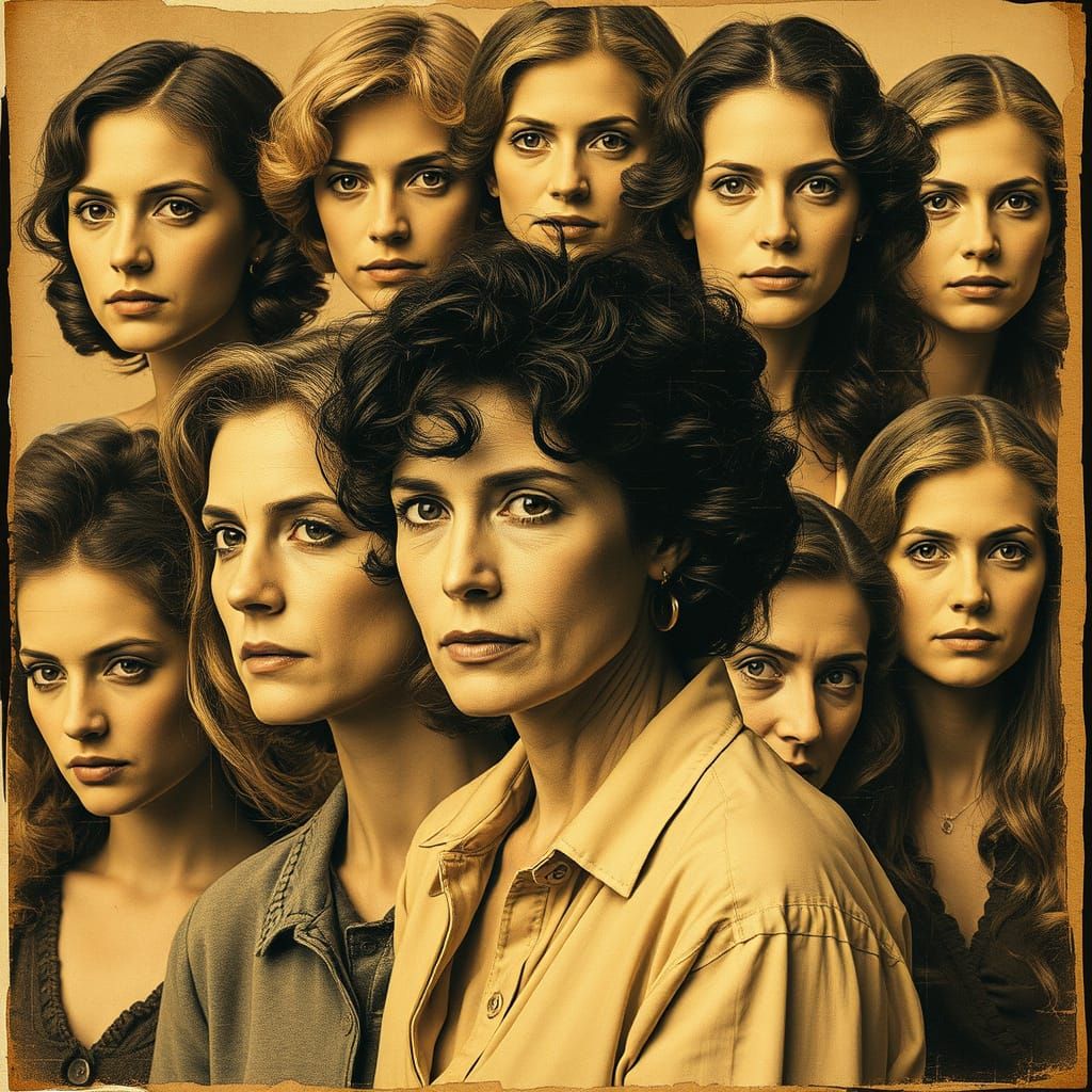 Distressed Sepia-Toned Women in Digital Dreamscape