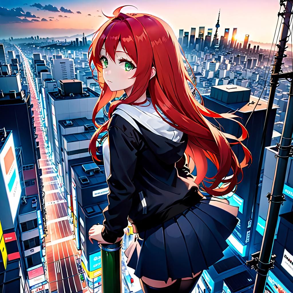 Anime Girl Over Shibuya in Cel-Shaded Style