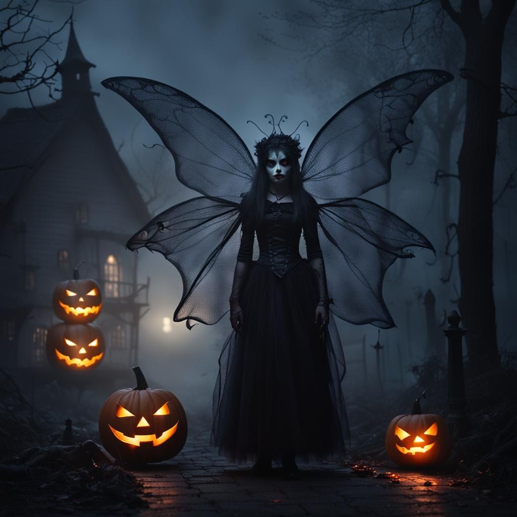 Evil fairy in the village on a dark and foggy halloween even...