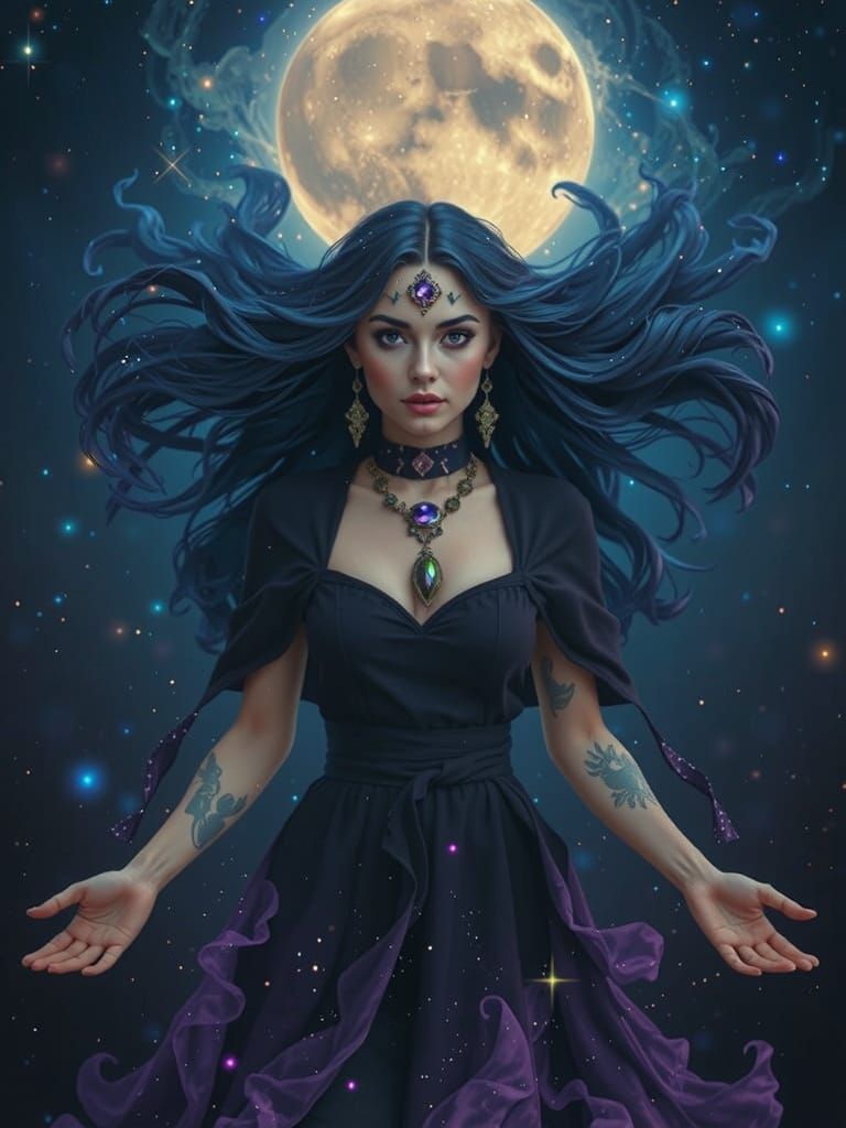 A celestial sorceress levitates amidst a swirling nebula, clad in robes of woven starlight, her hands outstretched, chan...
