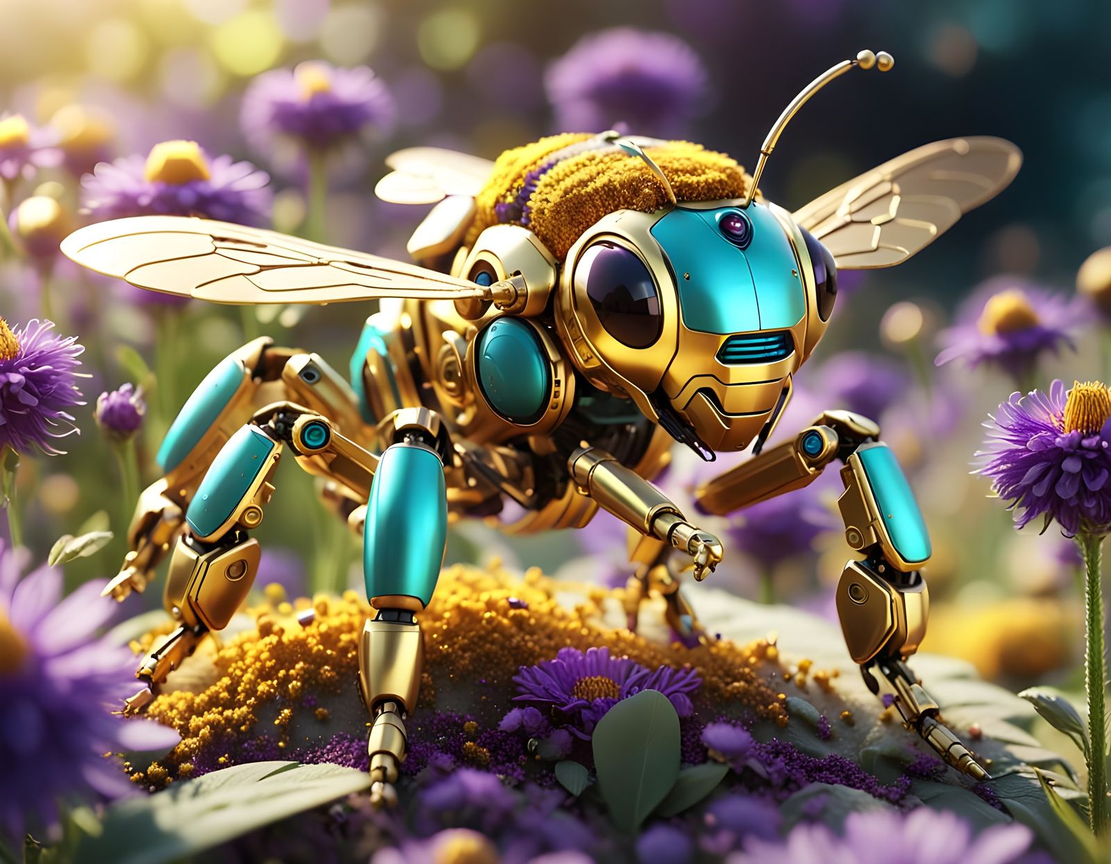 Golden Robot Bee on Purple Flower, Sci-Fi Render