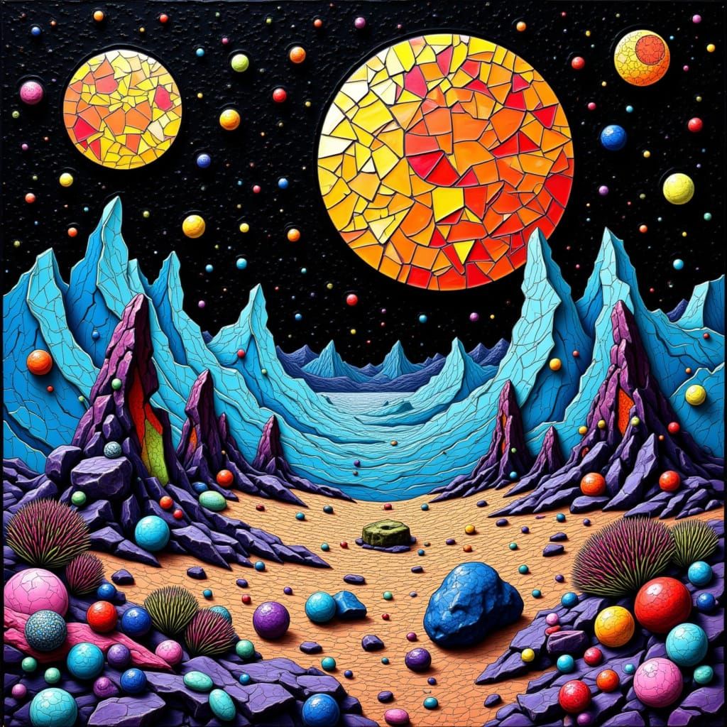 Trippy otherworld landscape with mosaic moons