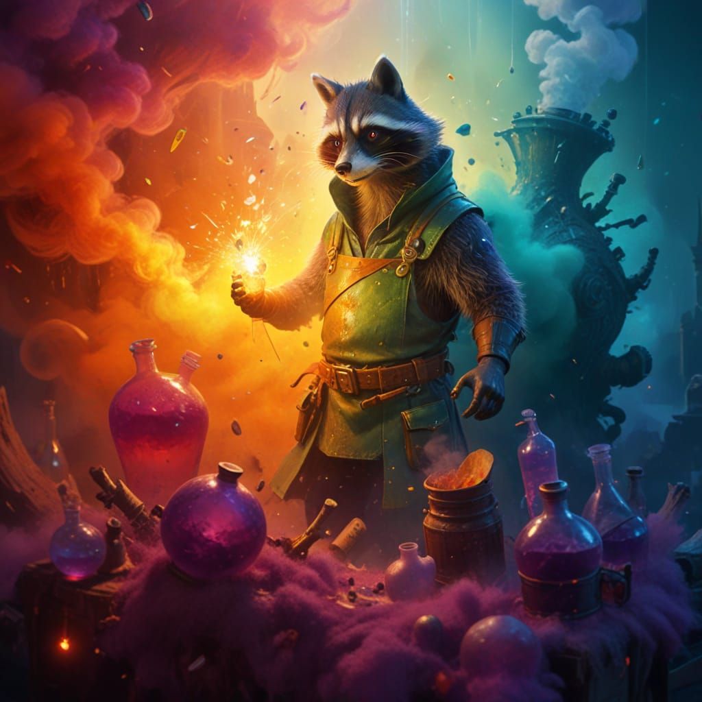 Mischief in the Laboratory: A Raccoon Alchemist's Chaos