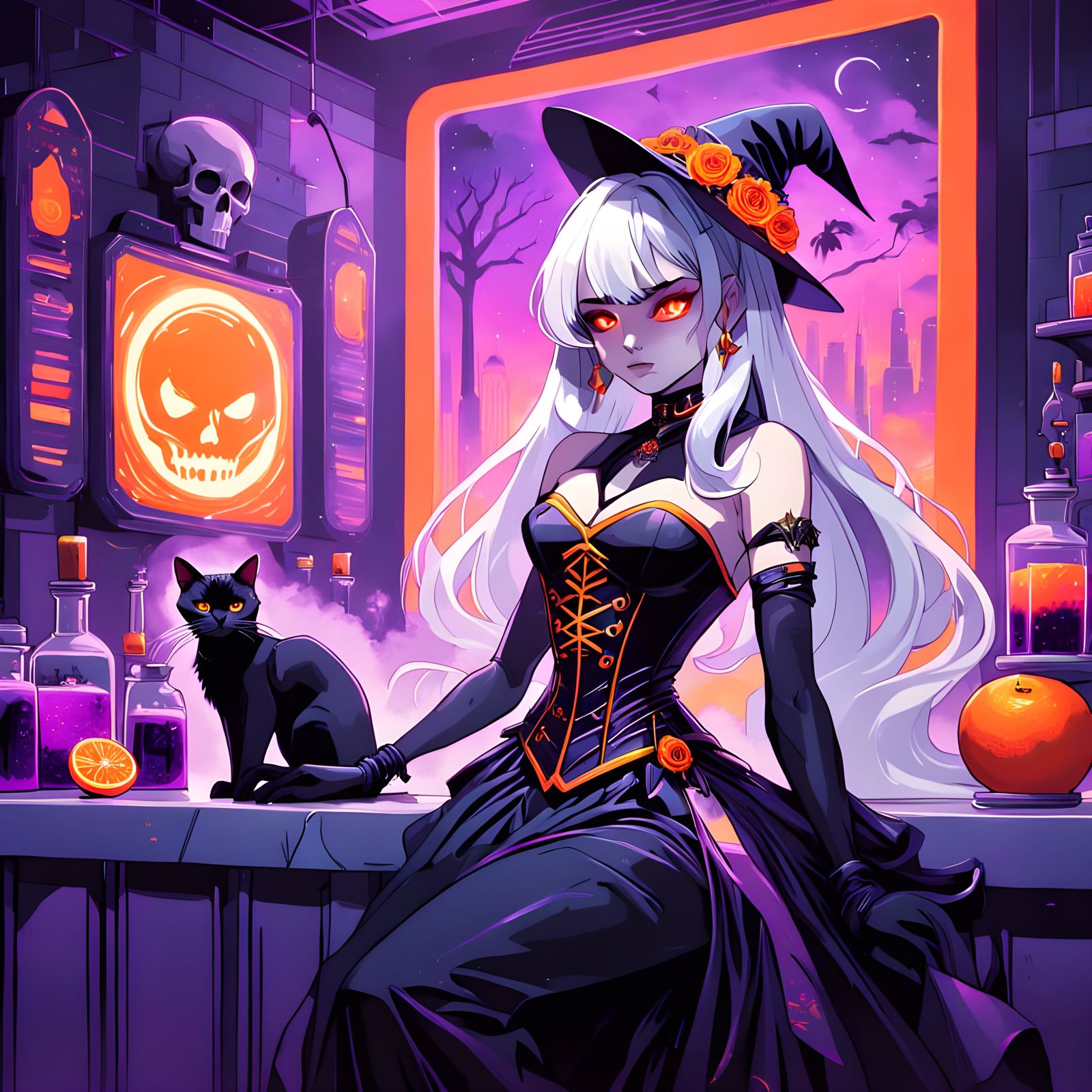 Black Cat with Glowing Eyes Watches Witch Brew Potion