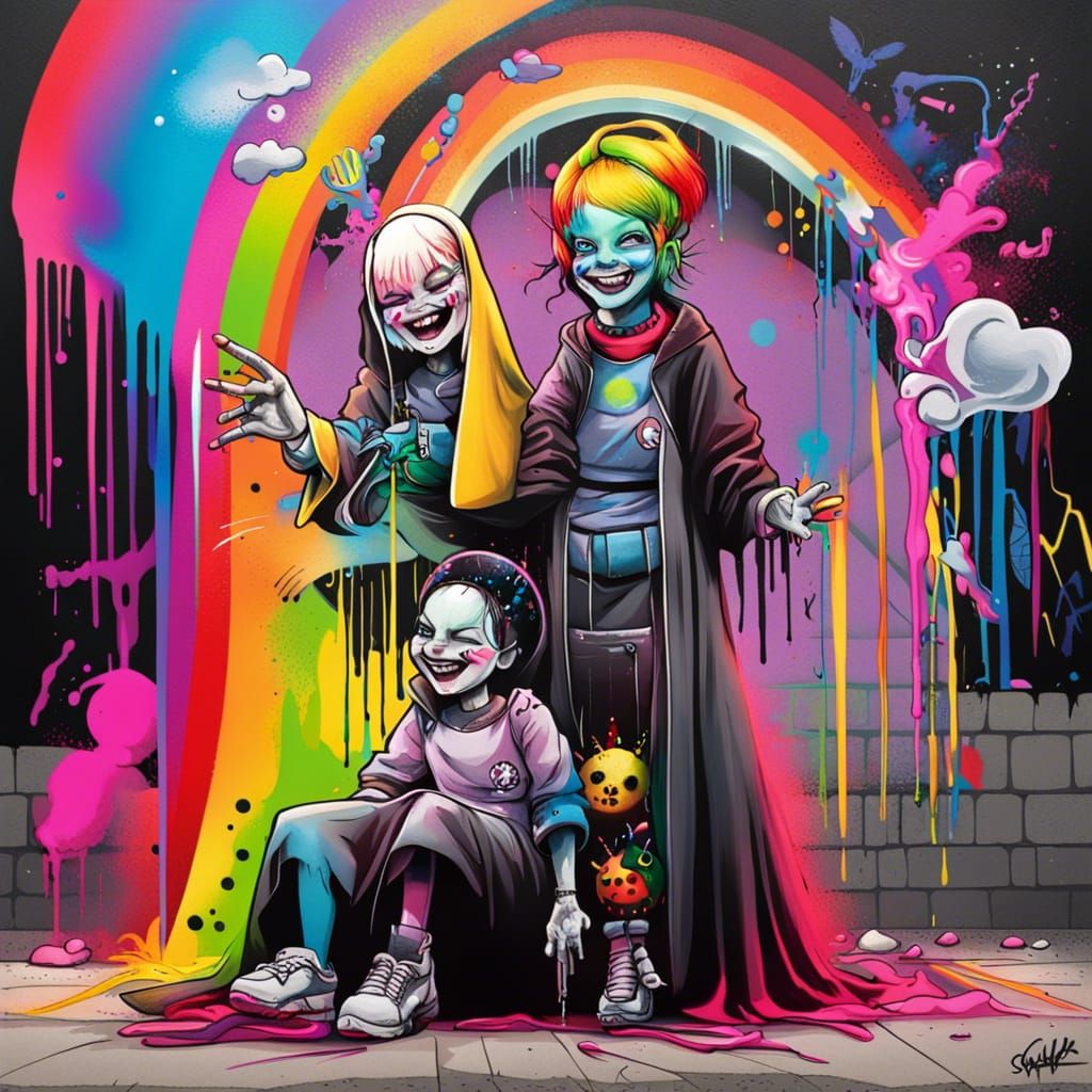 Evil Nun Behind Punk Princess in Graffiti Art