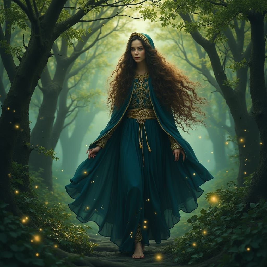 Celtic Goddess Danu in Emerald Forest with Mistletoe and Anc...