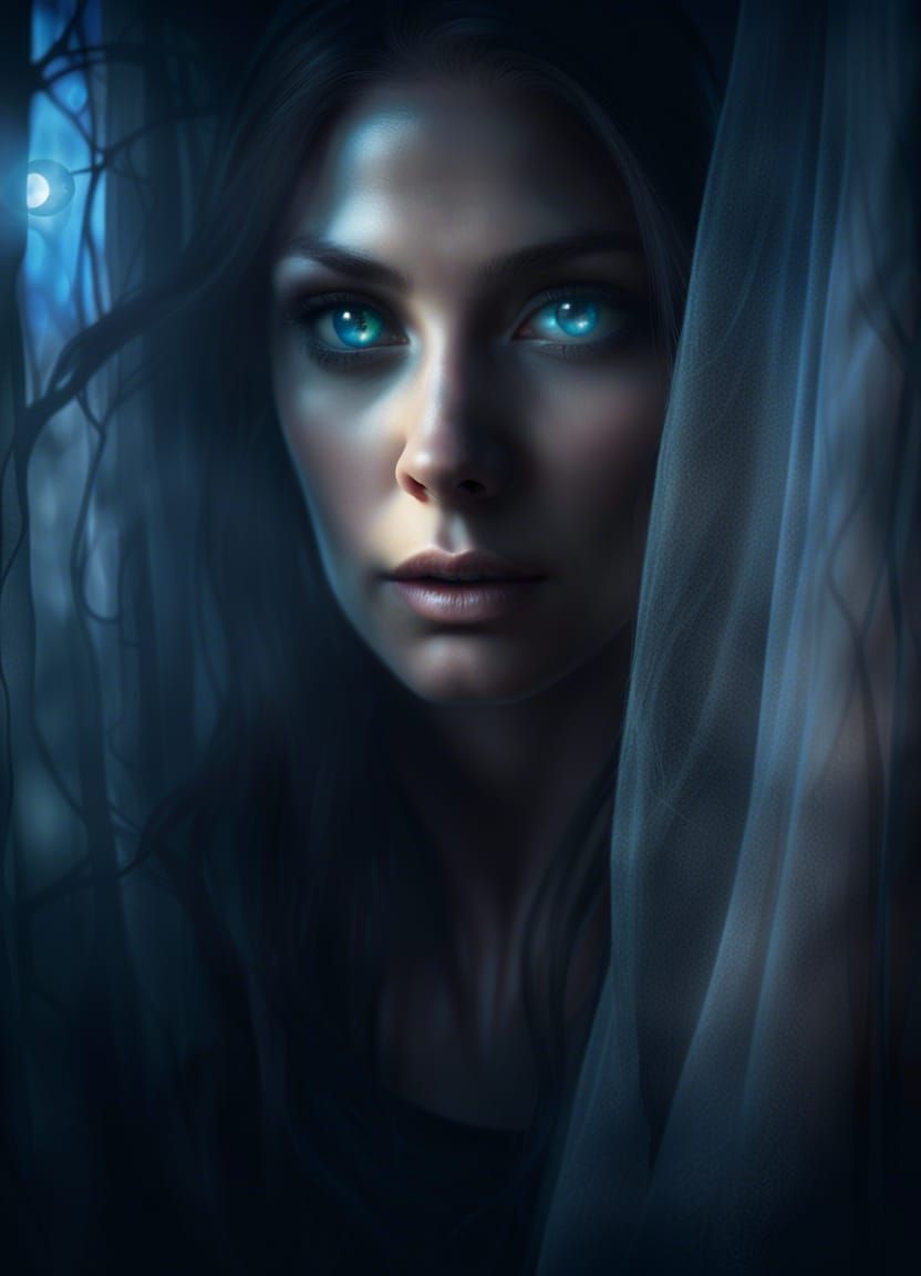 Mysterious Witch Portrait in Candlelit Fog, Photorealistic