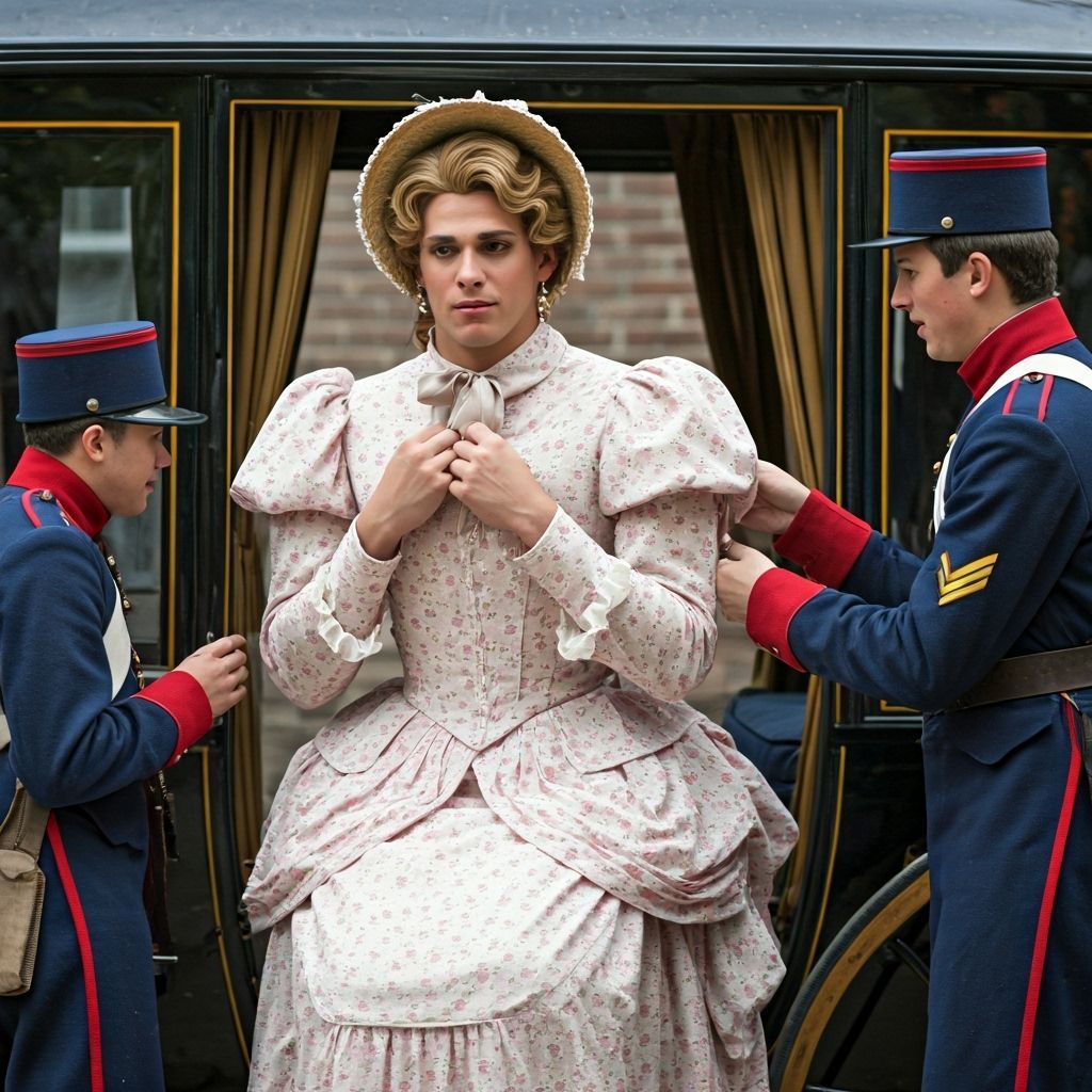 Embarrassed Young Man Crossdressed in 19th Century Attire