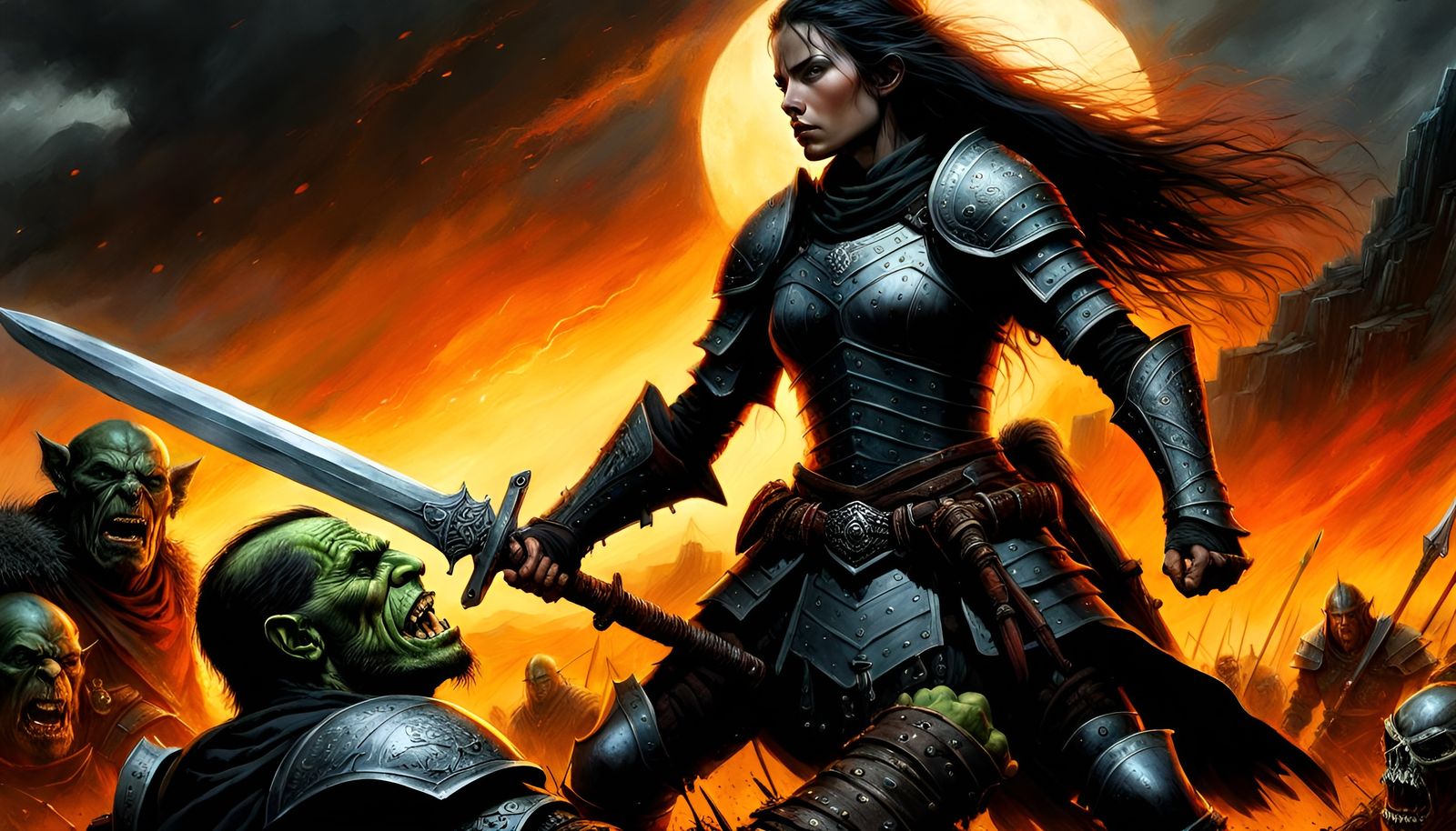 Epic Dark Fantasy Warrior Fighting Orcs
