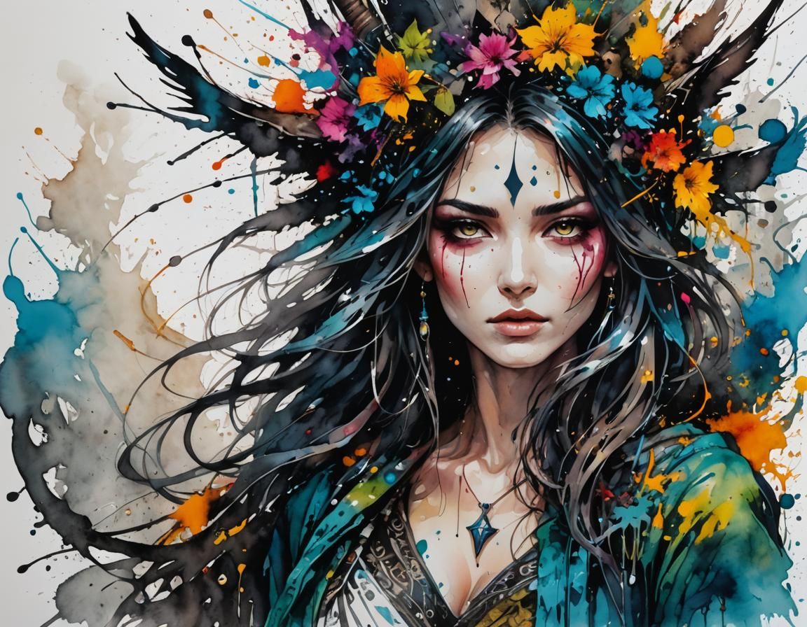 Beautiful Sorceress in Ink Splatter Painting Style