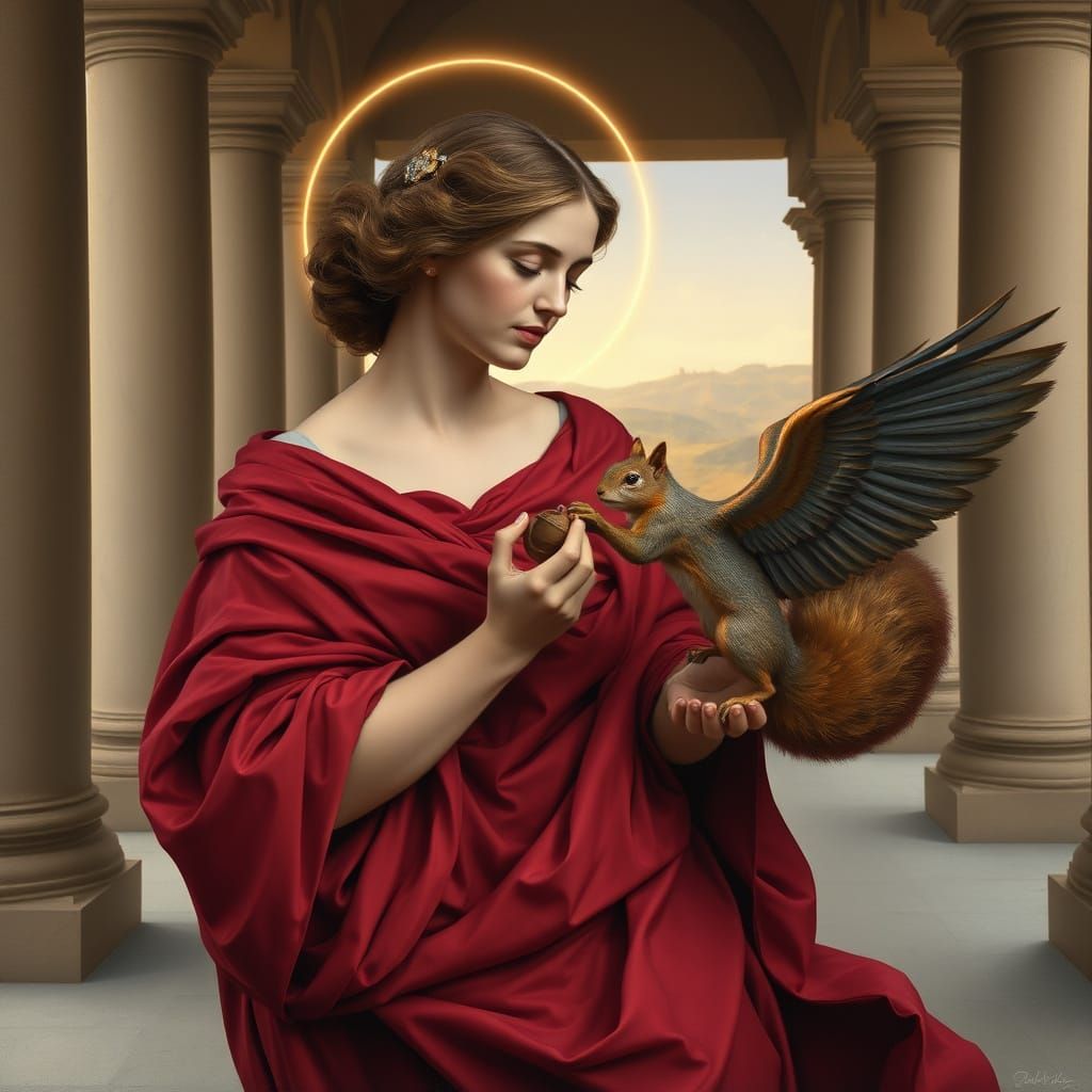 Lady Feeds Phoenix Squirrel in Raphael Style