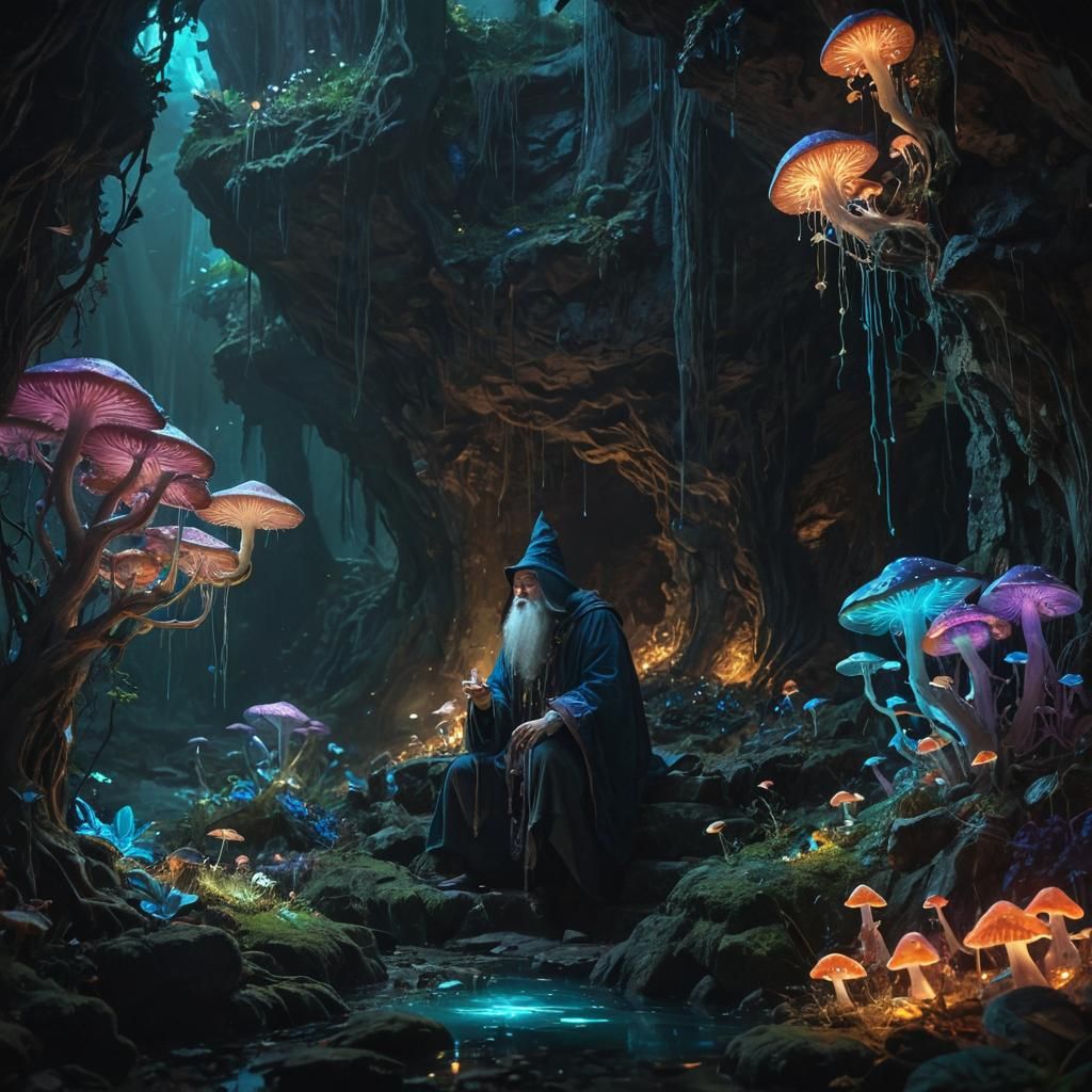 Enchanted Bioluminescent Forest Cave with Wizard