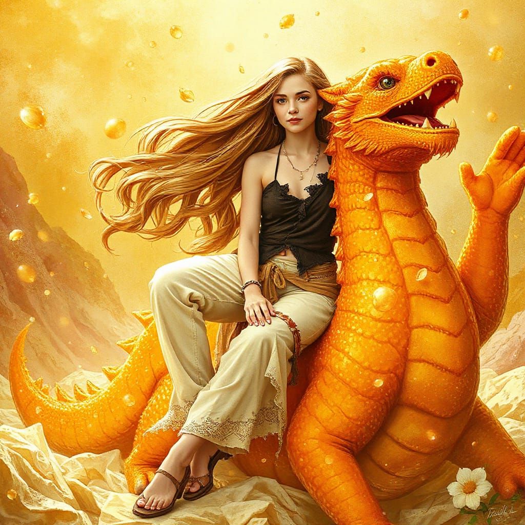 Bohemian Woman on Gummy Dragon Amidst Effervescent Soda