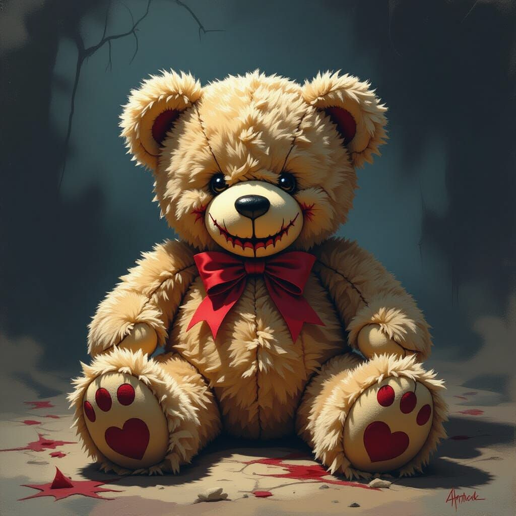 Sinister Teddy Bear in Dark Gothic Horror Style