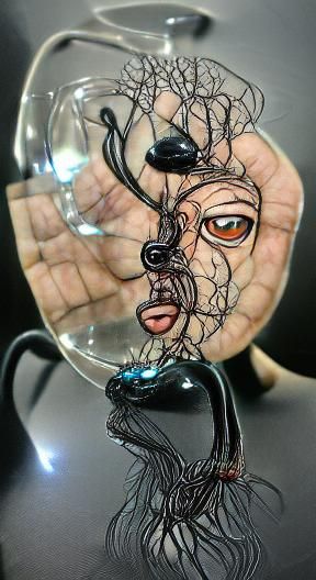 Surreal 3D Black Wire and Blown Glass Sculpture