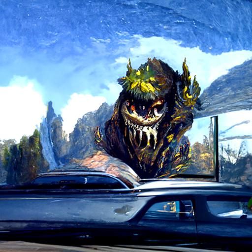 Handsome Monster in Backseat: Oil Painting