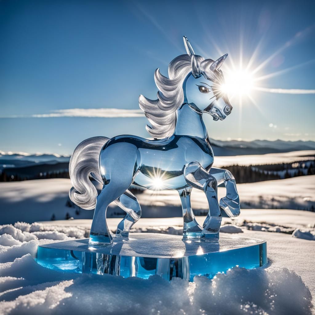 Sparkling Ice Pony Sculpture on Snowy Mountain
