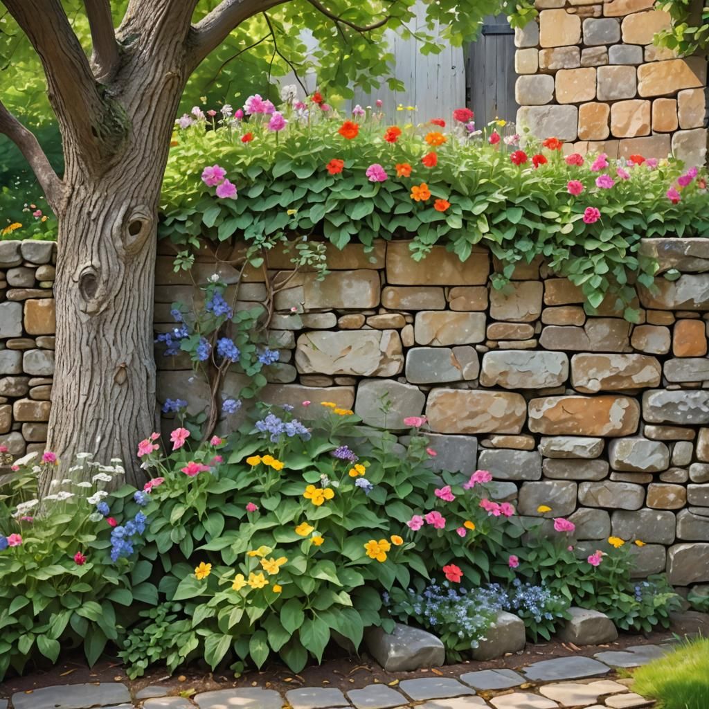 Stone Garden Wall with Wildflowers in Watercolor Style