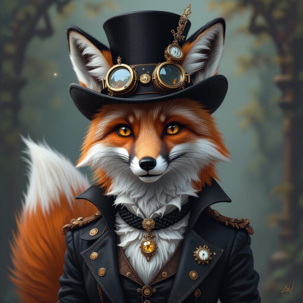 Steampunk Fox with Top Hat in Detailed Matte Painting