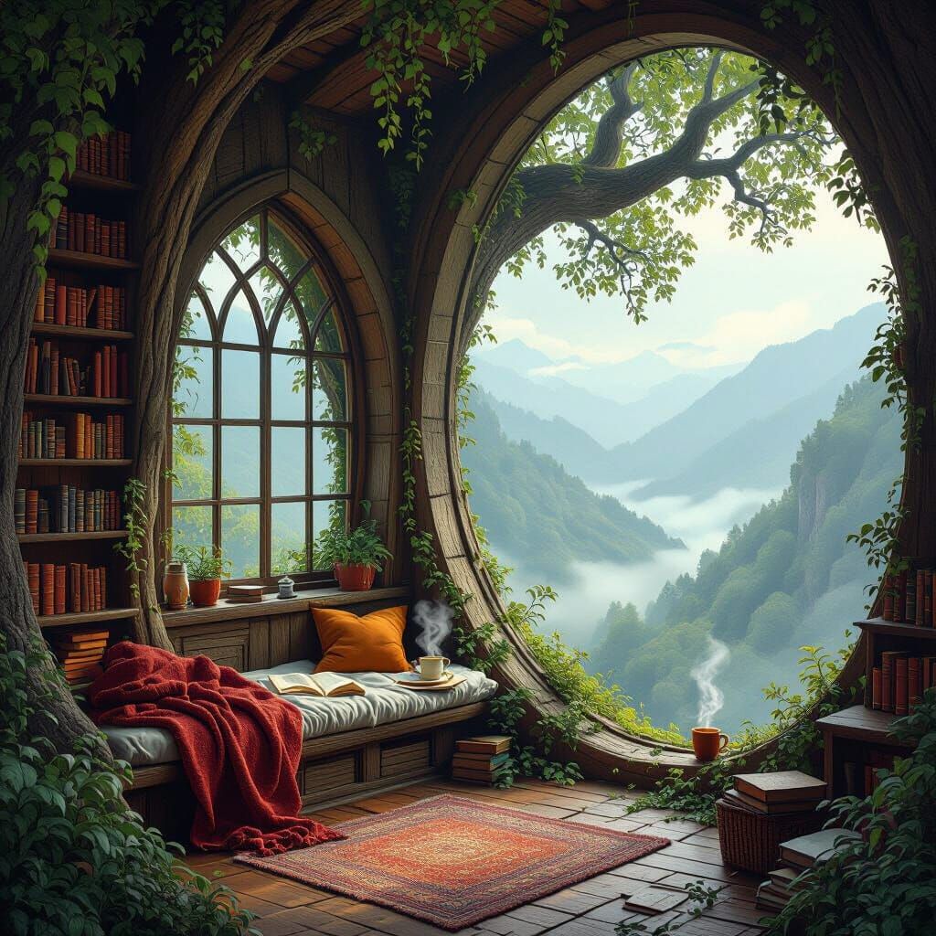Enchanted Treehouse Library Overlooking Misty Valley