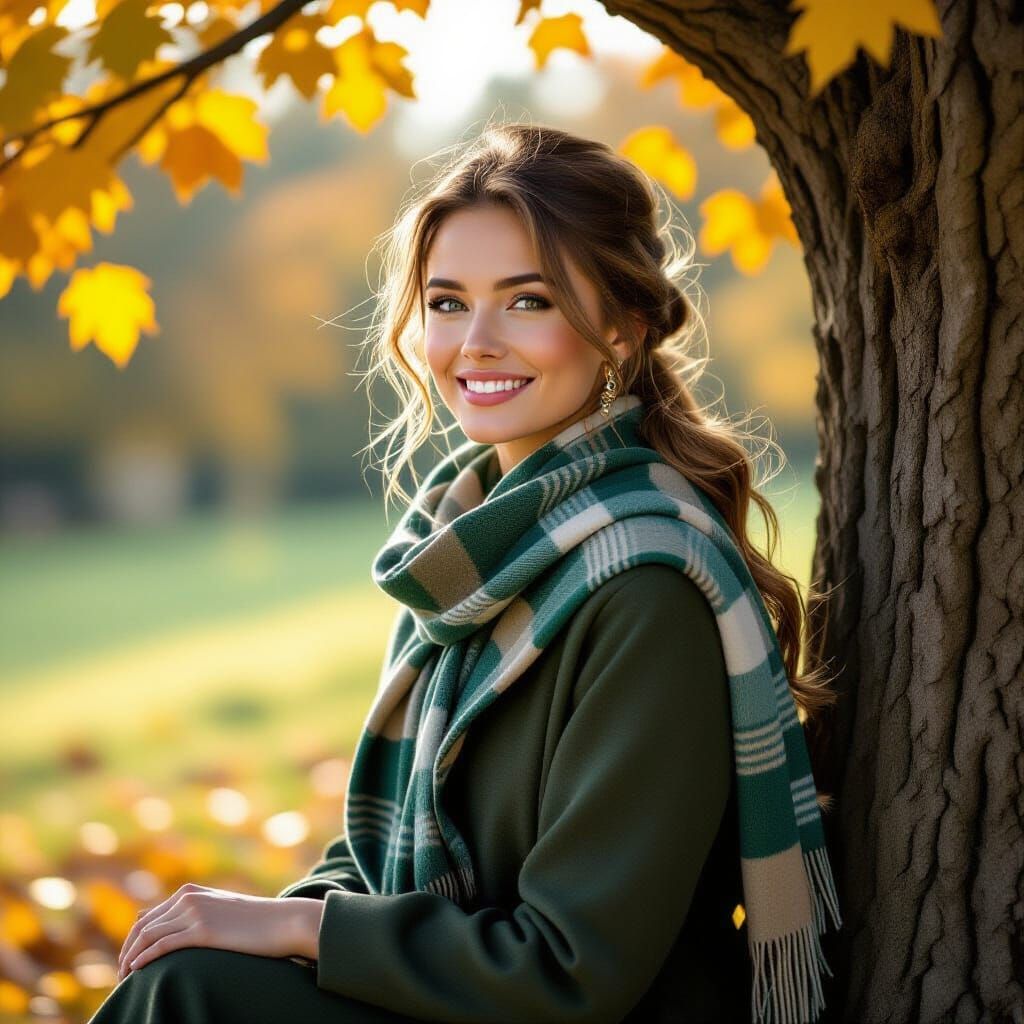 Woman in Emerald Dress with Blonde Ponytail in Autumn Light