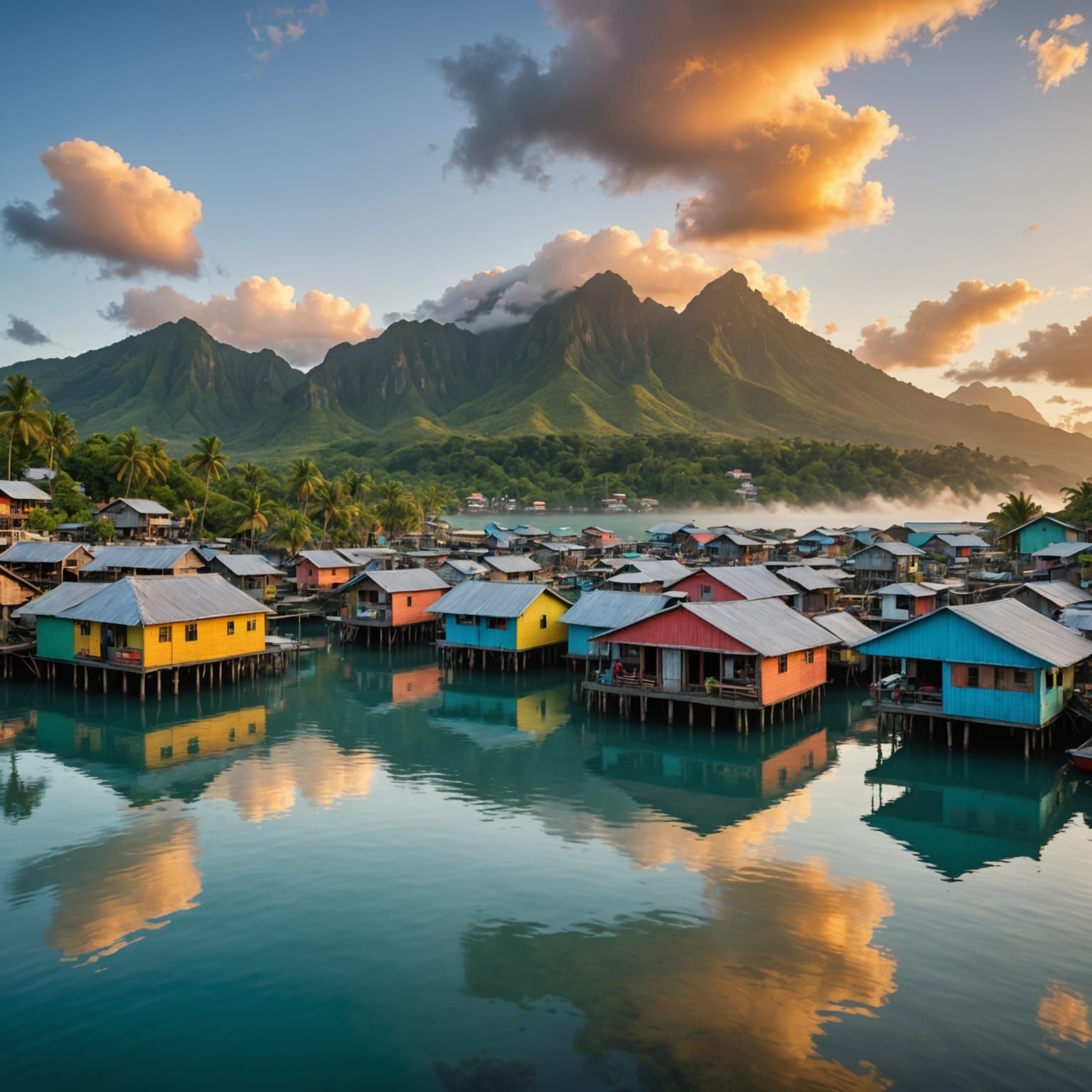 Tropical Island Fishing Village at Sunset