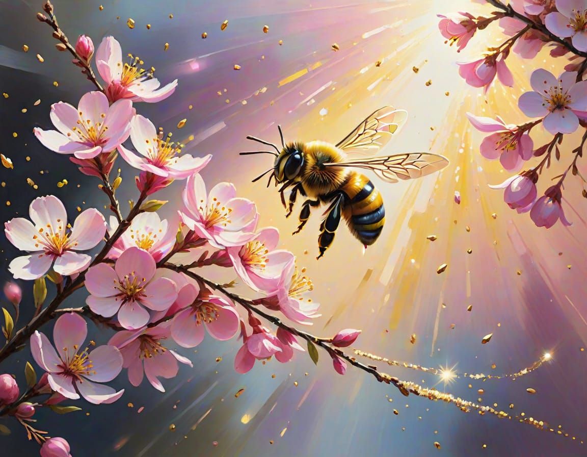 Bee Leaves Golden Trail Among Vibrant Sakura Blossoms in Oil...