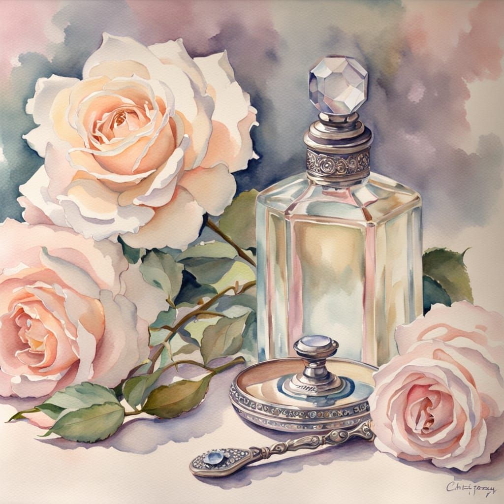 Soft Impressionist Watercolor of Cream Roses and Antique Mir...