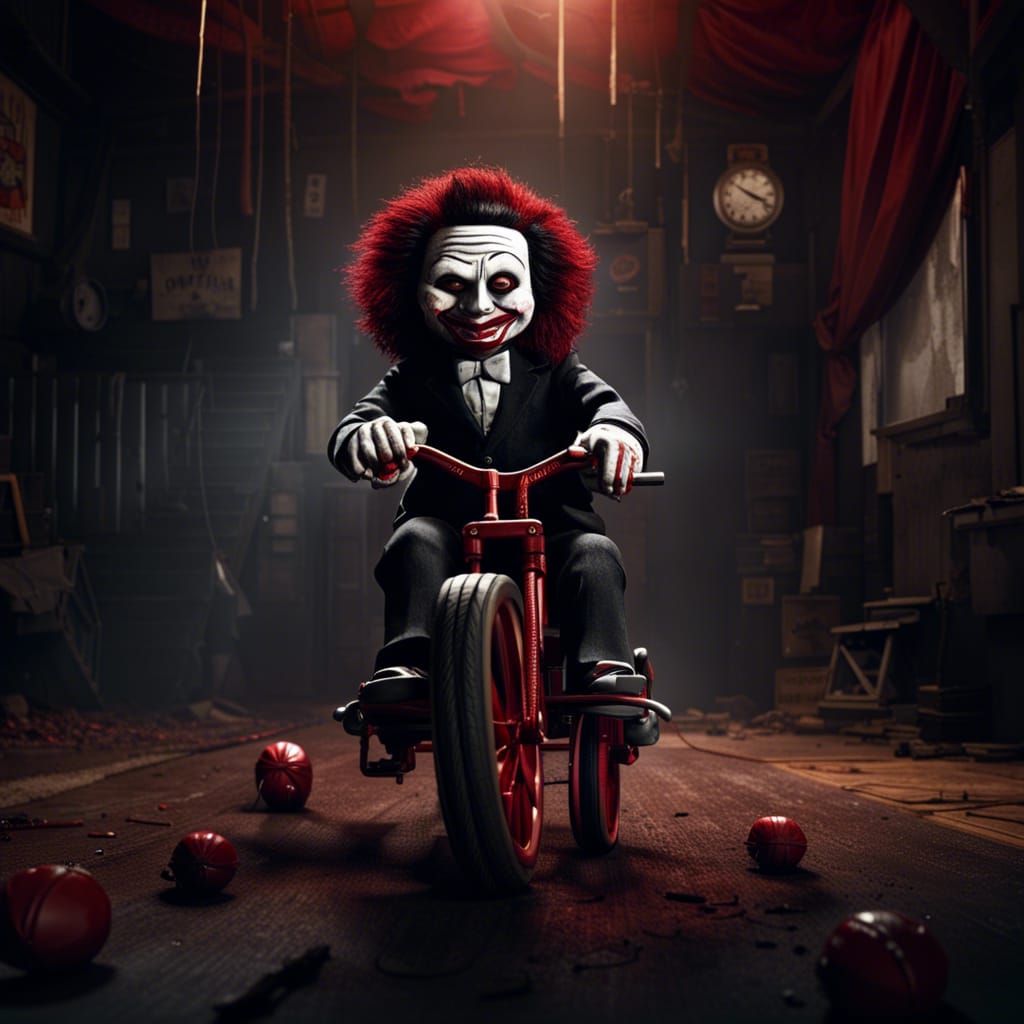 billy the puppet from the movie saw drifting on his tricycle in motion,