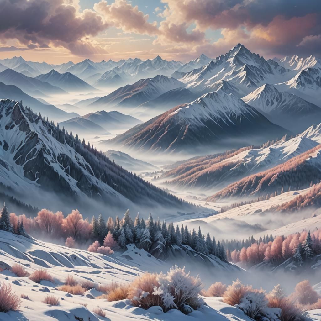 Hyperrealistic Winter Landscape with Mist and Snow
