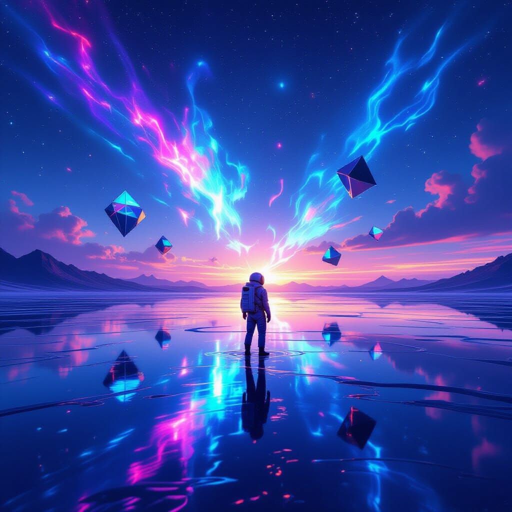 Astronaut on Liquid Metal Desert with Cosmic Waves