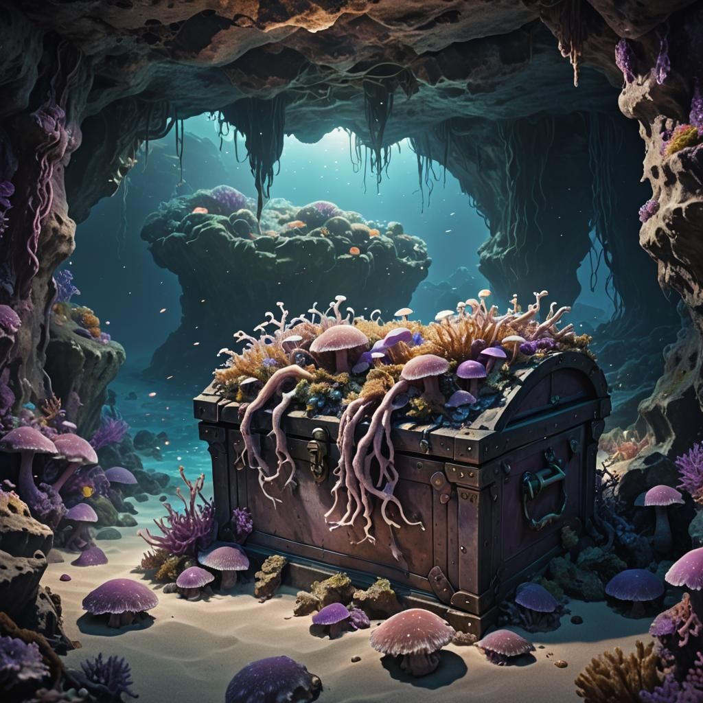 Mysterious Sea Chest in Ocean Cave: Fantasy Illustration
