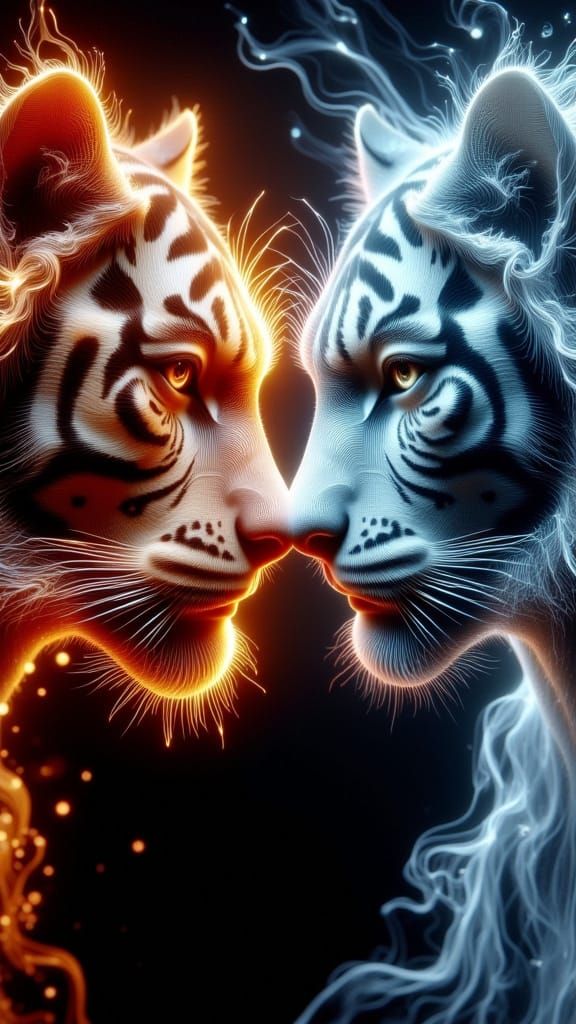 Realistic Double Exposure of Fire and Ice Tigers in 3D