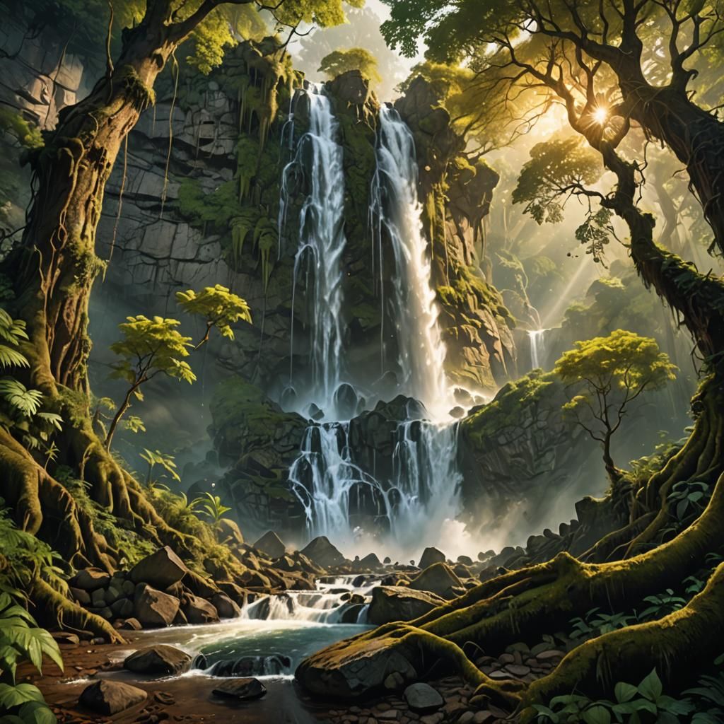 Lush Waterfall Scene in Golden Light