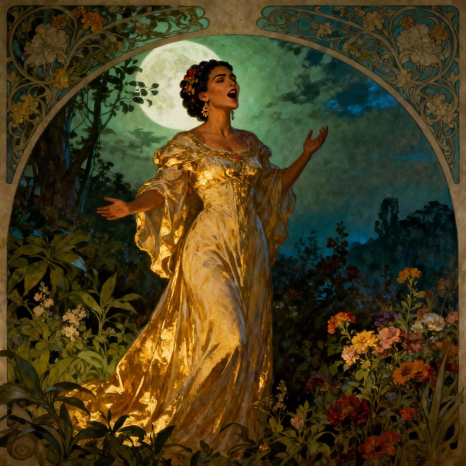 Woman in Moonlit Garden, Art Nouveau Style