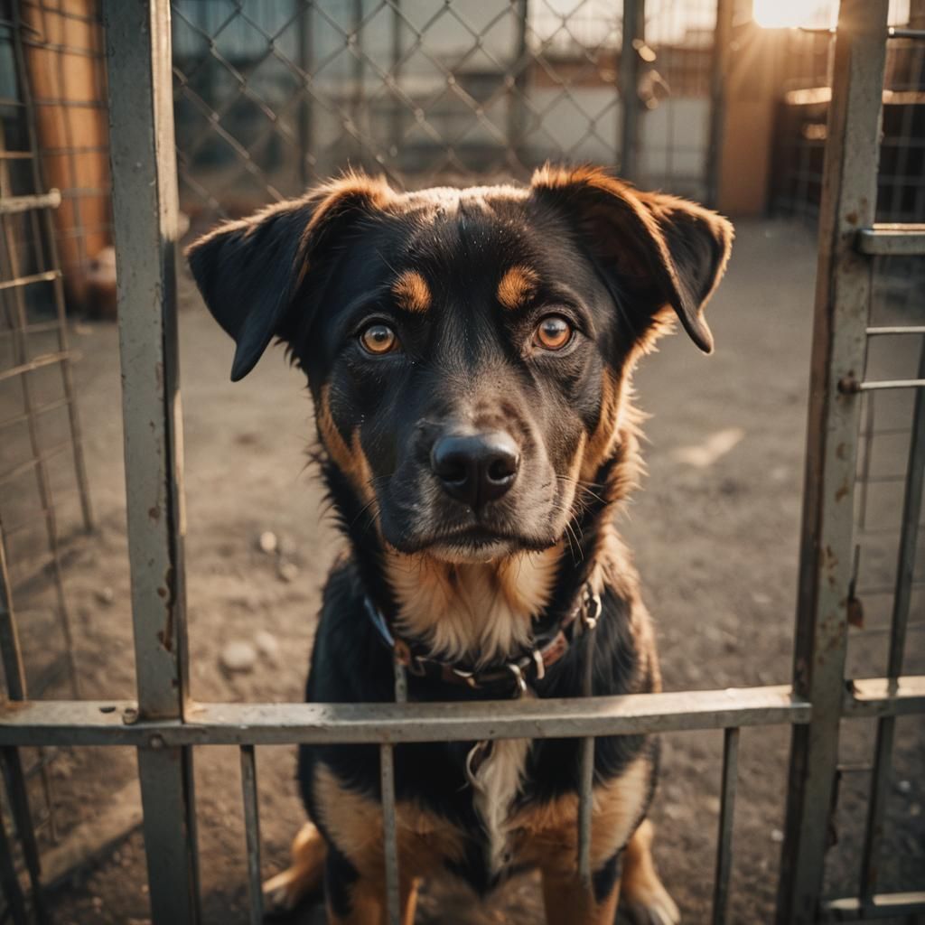Sad-Eyed Dog in Shelter: Cinematic Still
