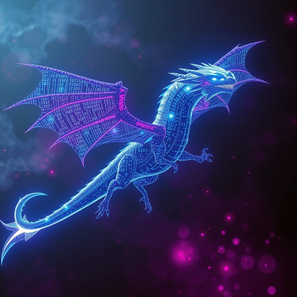 Digital Dragon of Light Soaring Through Cosmic Void