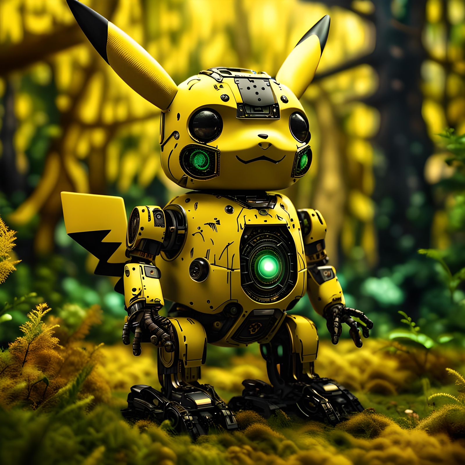 Hyperrealistic Robot Pikachu in Enchanted Forest