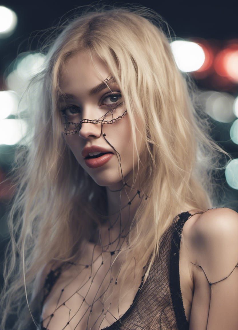 Blonde Woman in Fishnets Sticking Tongue Out