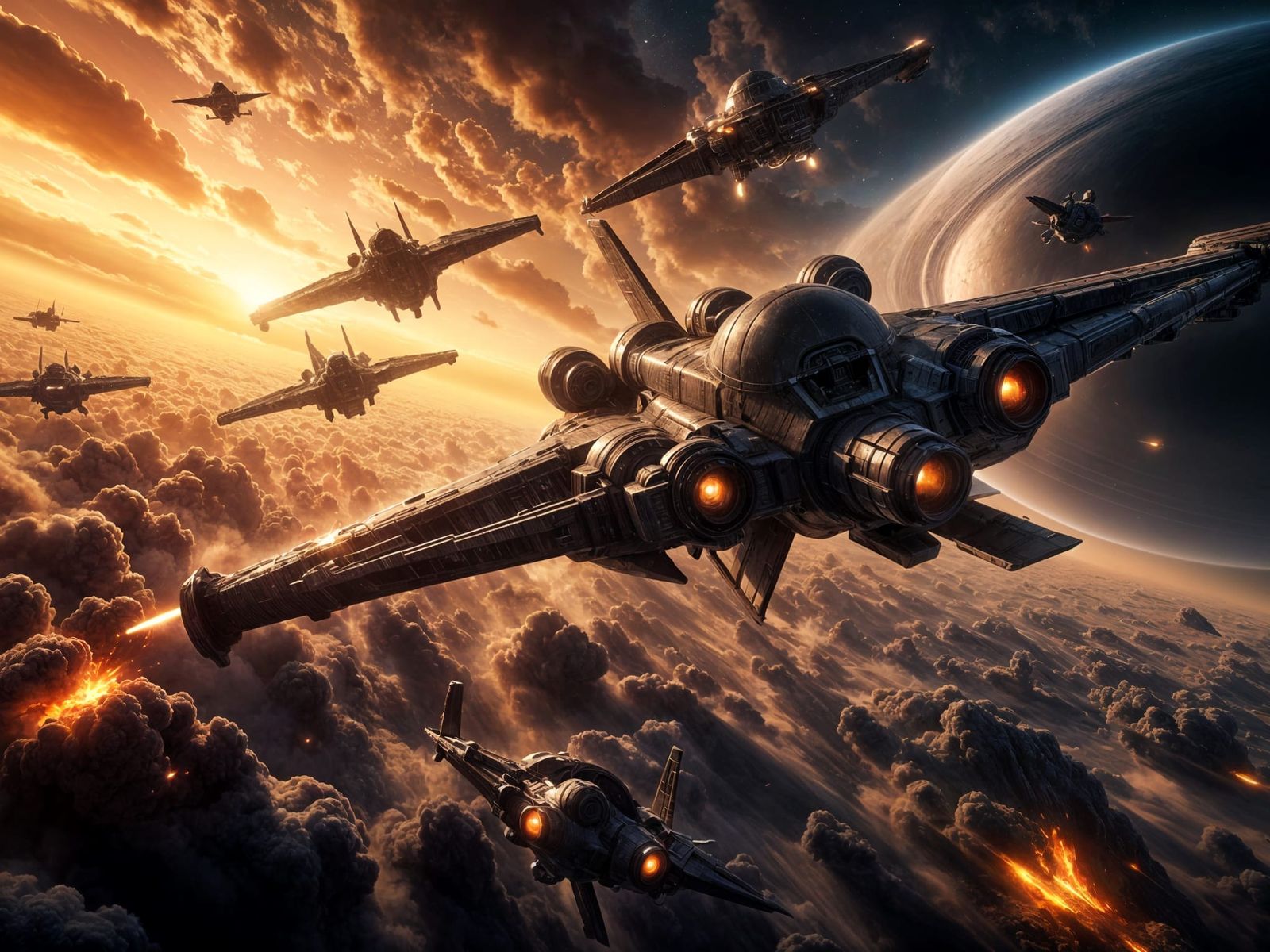 Science Fiction Space Battle Near Saturn's Rings