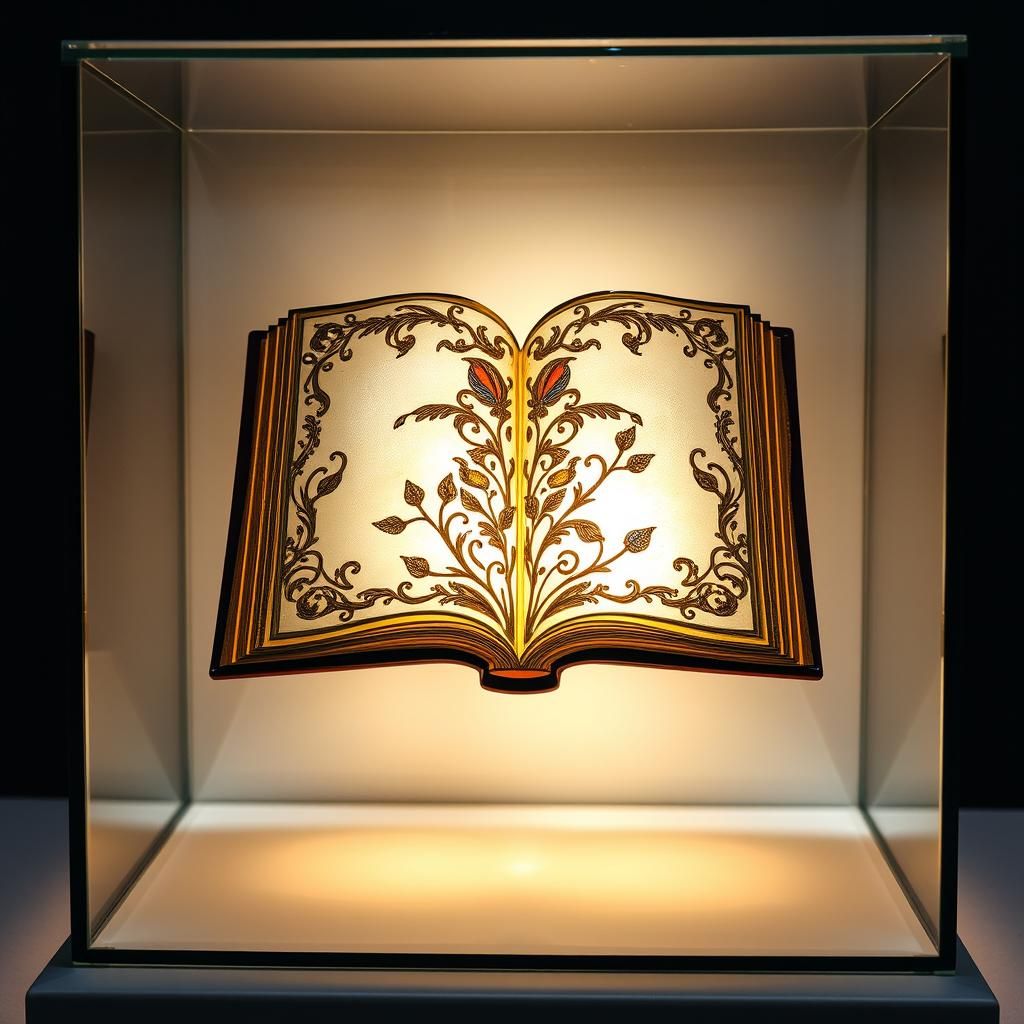 Enameled Glass Book Sculpture in Vitrine