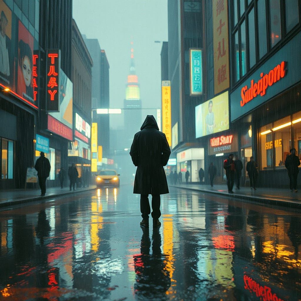 Cyberpunk Noir: Neon Reflections in Rainy Cityscape