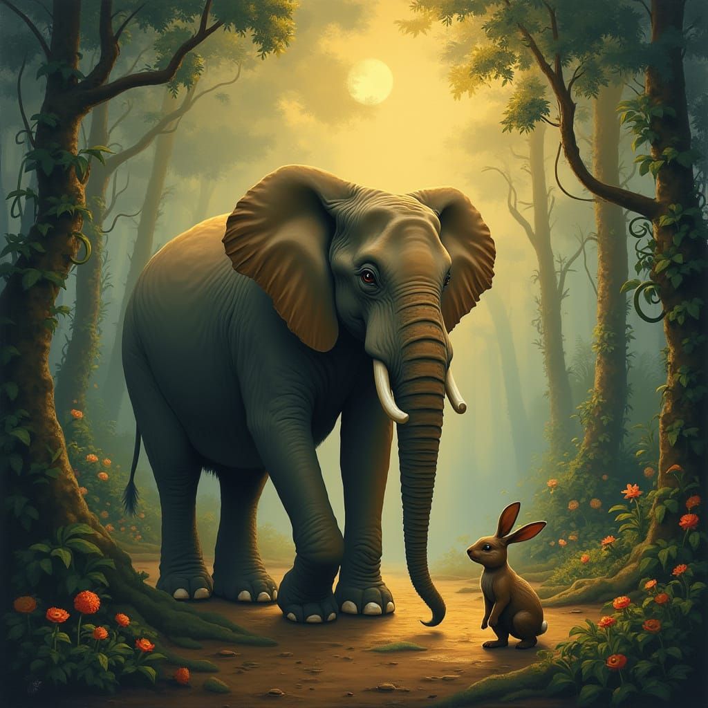 Gentle Giant Elephant and Quick-Witted Rabbit in Lush Jungle...
