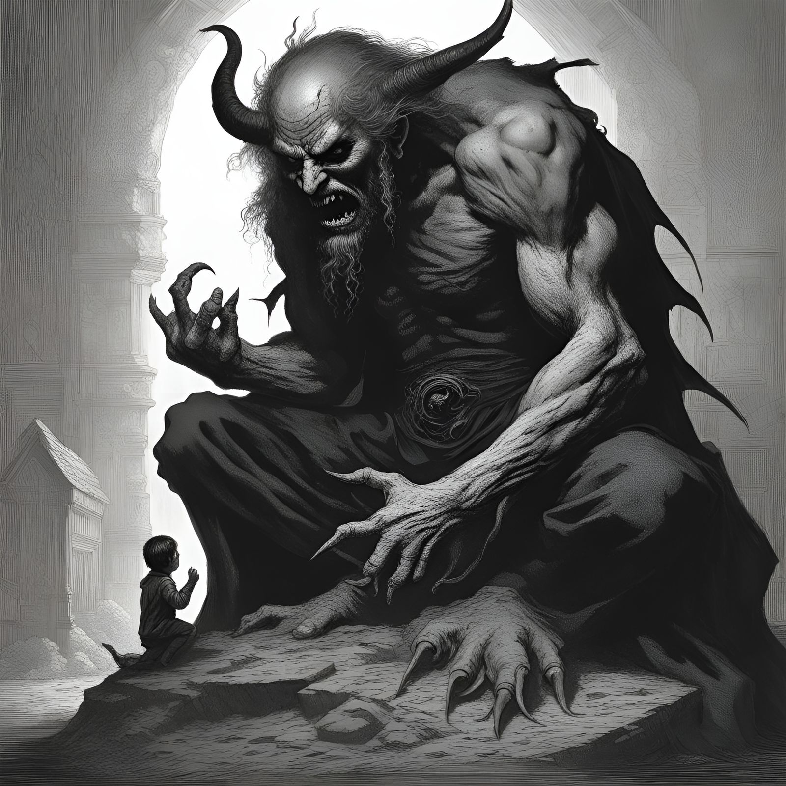 Monochrome Demon Playing with Tiny Man in Horror Style
